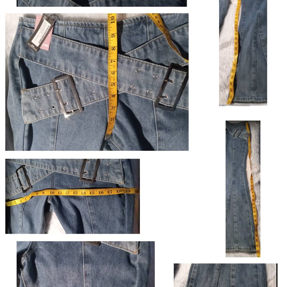 NWT Pretty Little Thing Shape Blue Denim Belted Flare Mid Rise Jeans Sz 6 - Picture 7 of 10